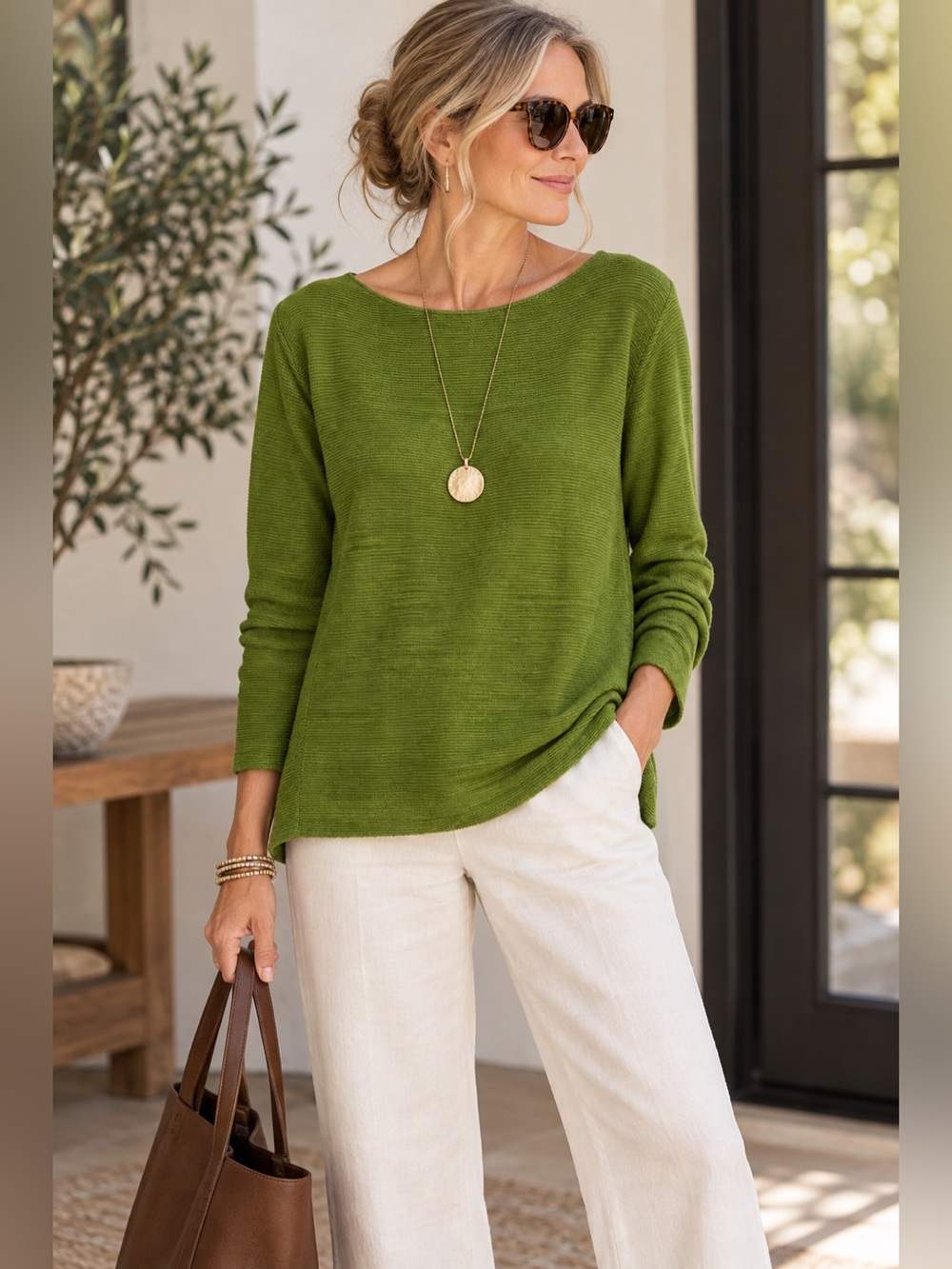 NWT Eileen Fisher Organic Linen Bateau Neck Sweater Top Green Large